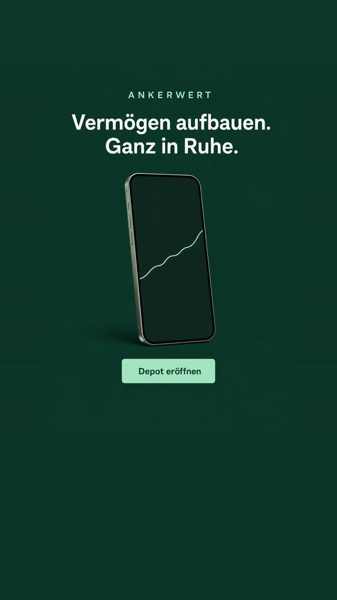 Beispiel-Anzeige einer fiktiven Investment-App: Vermögen aufbauen. Ganz in Ruhe.